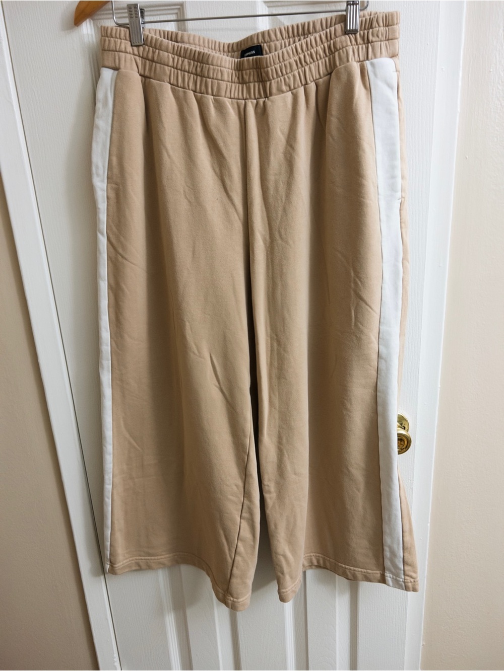 Express Wide Leg Pants in Beige with White Side Stripes